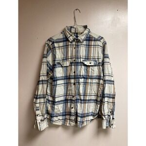 George Plaid Long Sleeve Button Up Shirt Men's XL Beige Blue Tan Casual Top